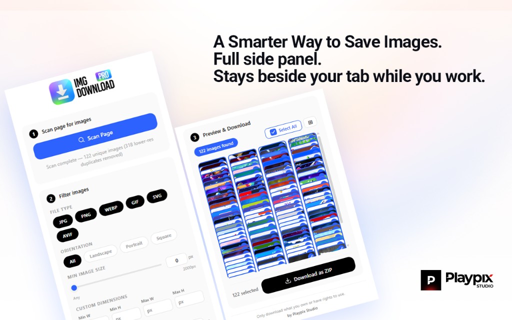 Smarter way to save images: full side panel stays beside your tab while you work.